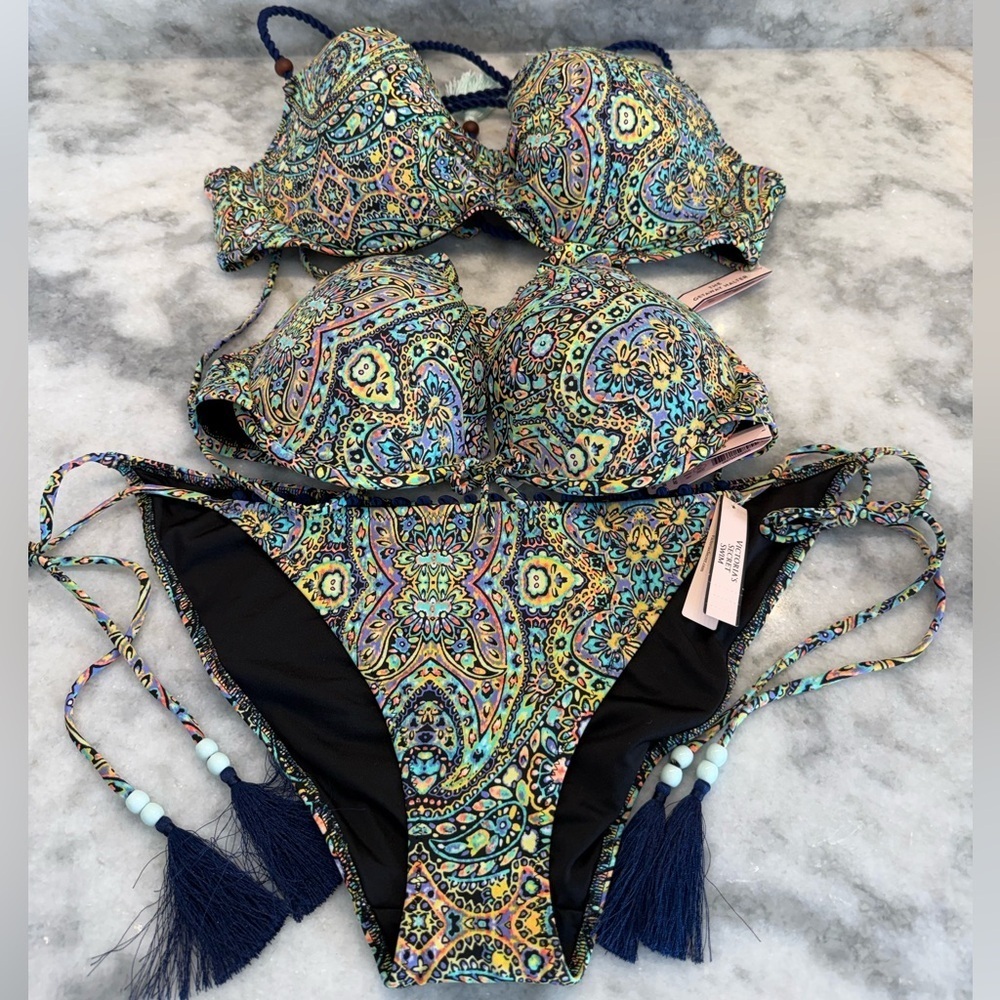 Victoria’s Secret Paisley Bikini Set 36C + L Bottom Tassel Tie Boho Luxe 2 Tops